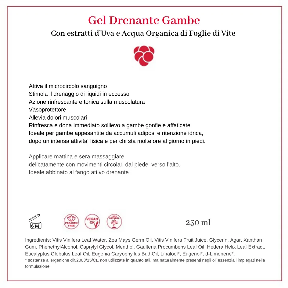 Gel "LEGGERISSIMA" Drenante GAMBE con estratti d'Uva e Acqua Organica di foglie di Vite